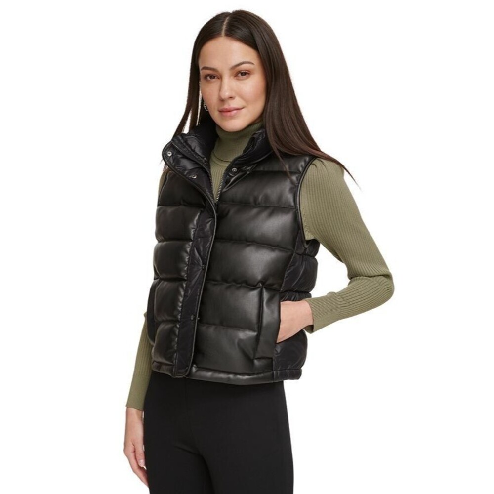 DKNY Women's Sleeveless Stand-Collar Faux Leather Puffer Vest Black XL